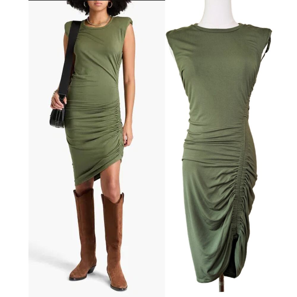 VERONICA BEARD Brompton Ruched Jersey Midi Dress XS Olive Green Modal Bodycon